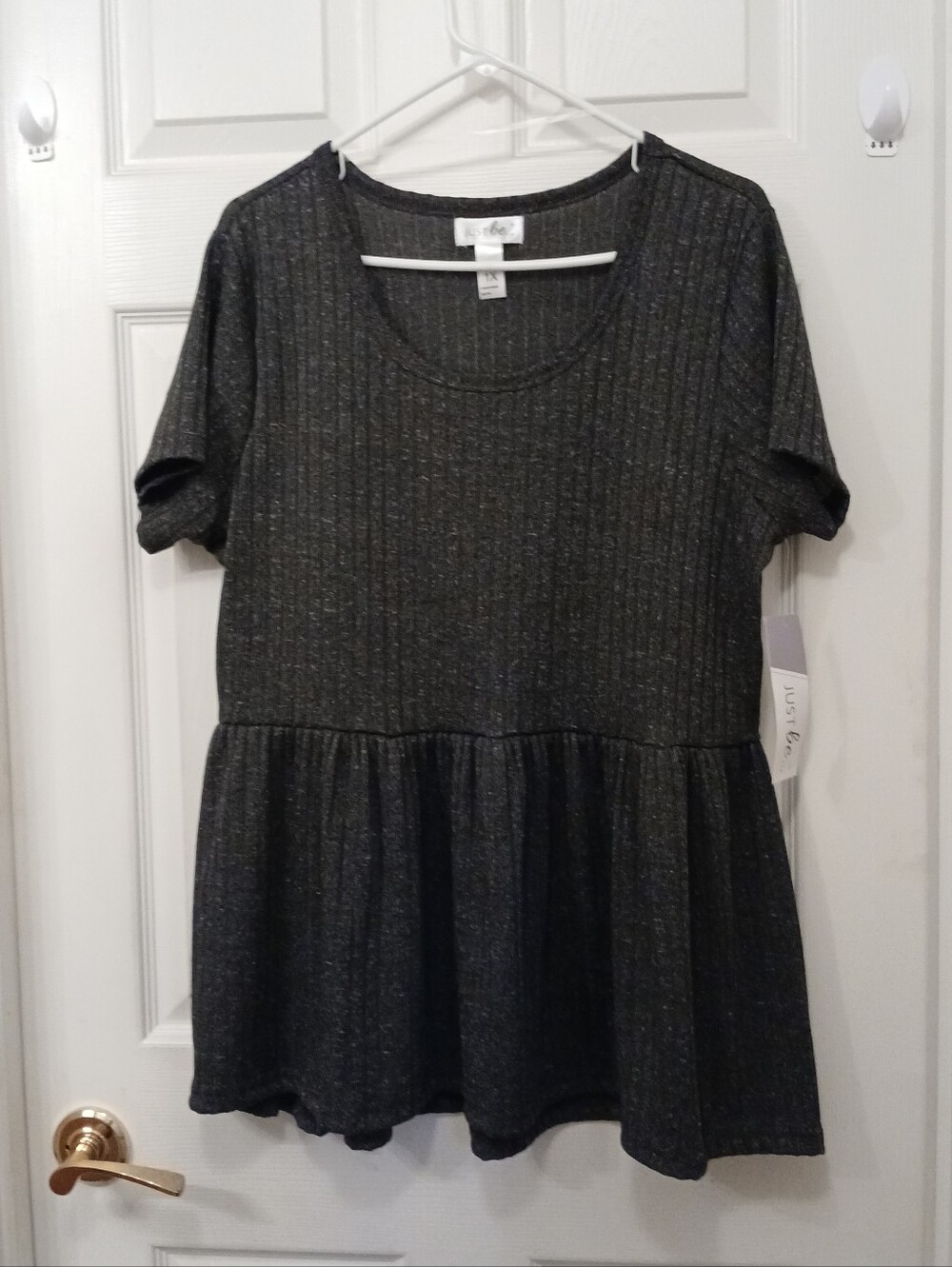 Just Be Short Sleeve Ribbed Knit Peplum Babydoll Top Black Marbled 1X NWT Office